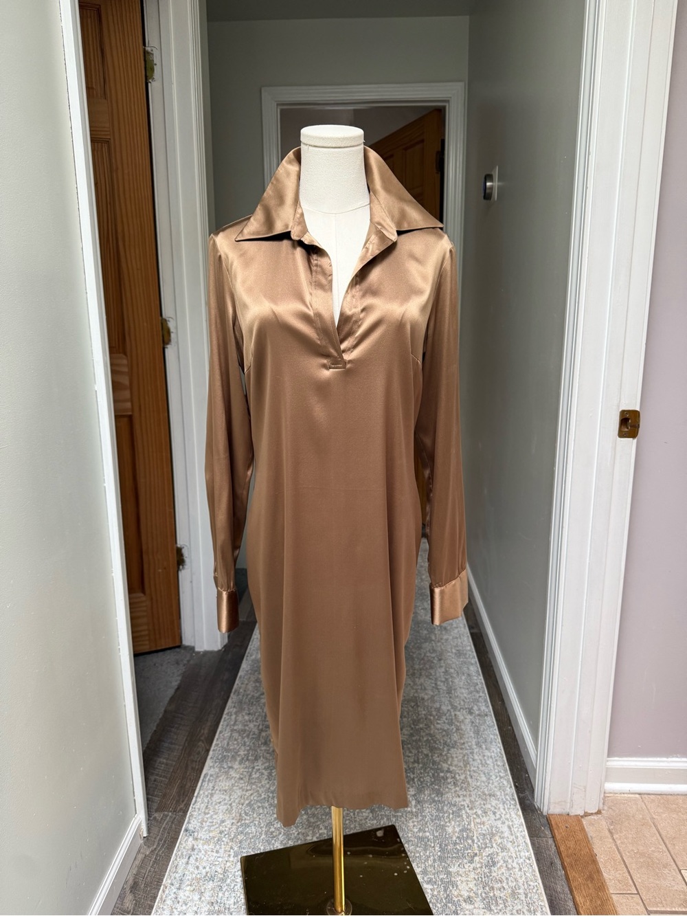 Trina Turk midi silk dress in a dark gold color